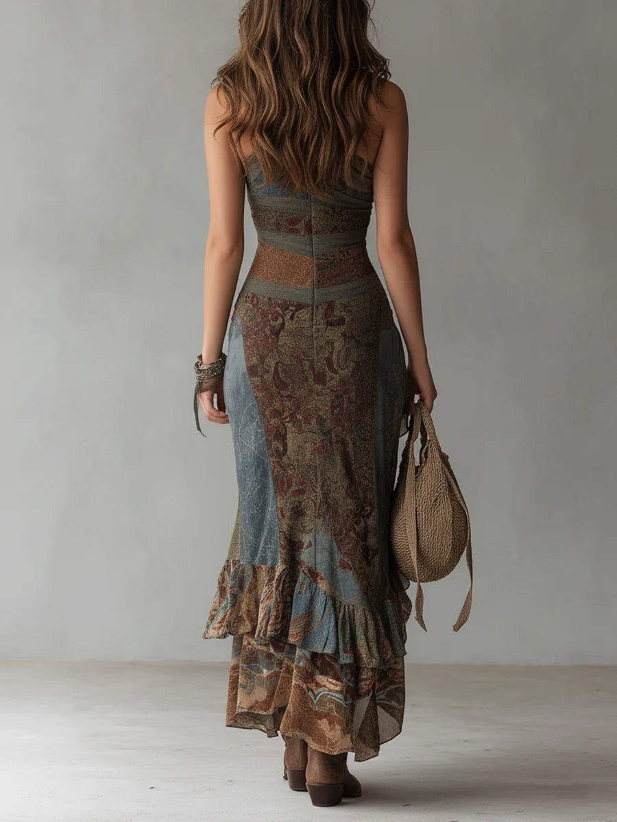 Elena | Ασύμμετρο Maxi Φόρεμα με Έναν Ώμο, Ethnic Print και Ψηλό Σκίσιμο