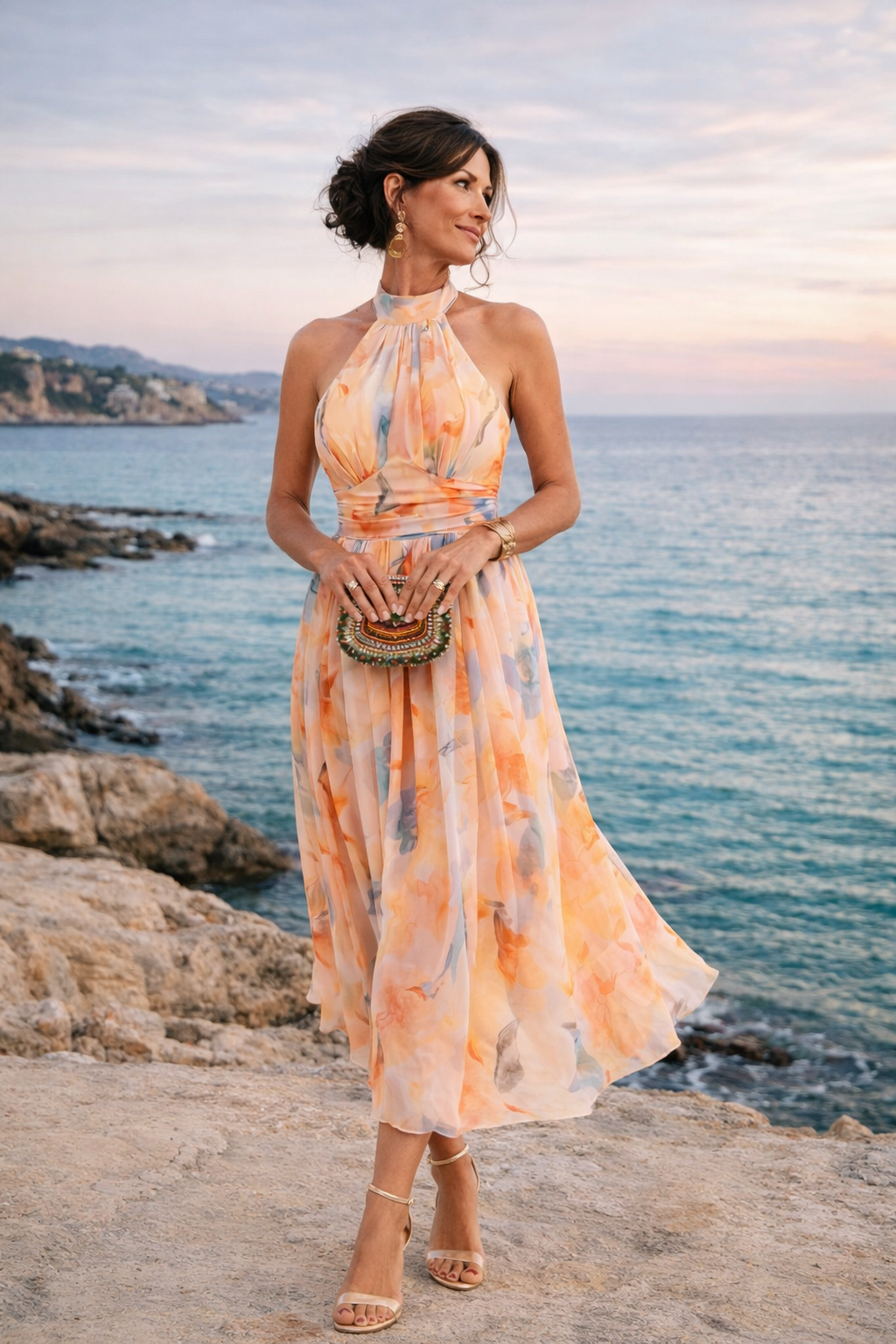 Leila | Φόρεμα με Halter Λαιμόκοψη & Υδατογραφικό Print
