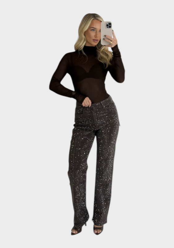 Celeste | Τζιν με Στραight Leg και Λάμψη με Ρινόστον σε Σοκολάτα