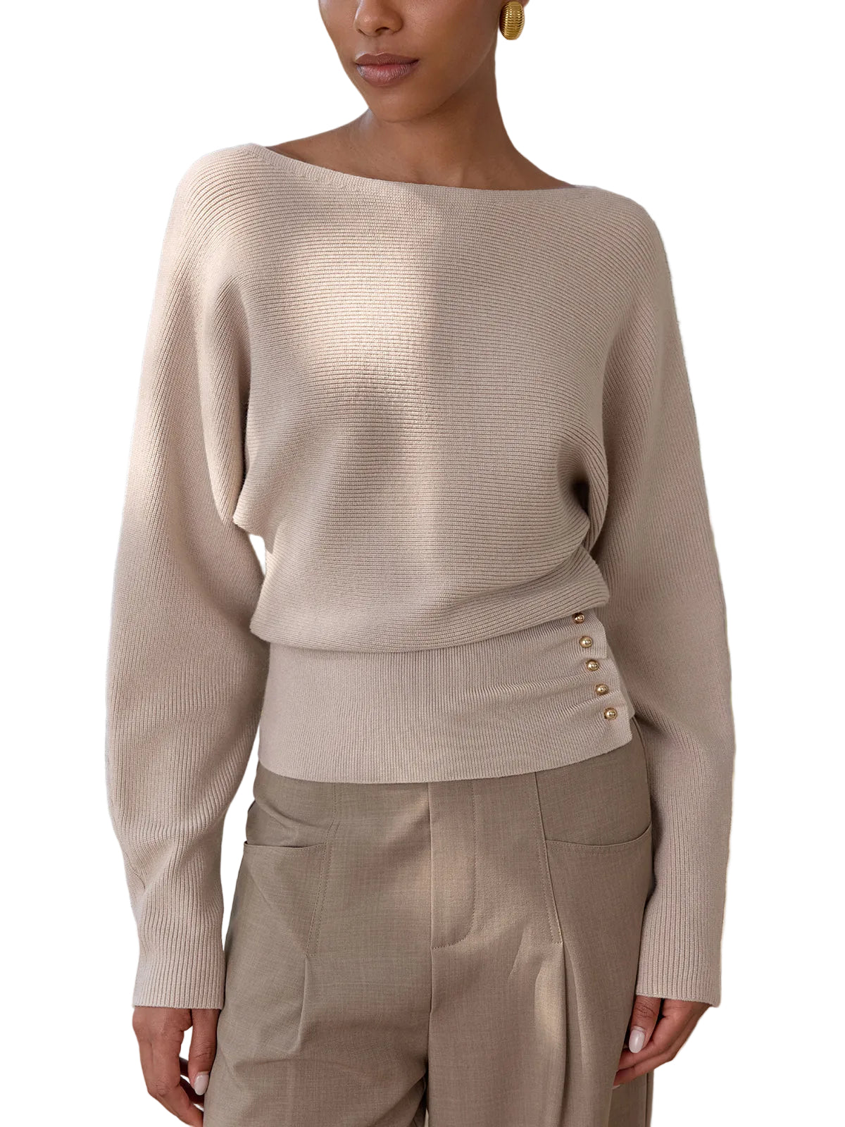 Rina - Πλεκτό Ριμπ Πουλόβερ με Μεταλλικές Λεπτομέρειες (Metal Detail Ribbed Knit Sweater)