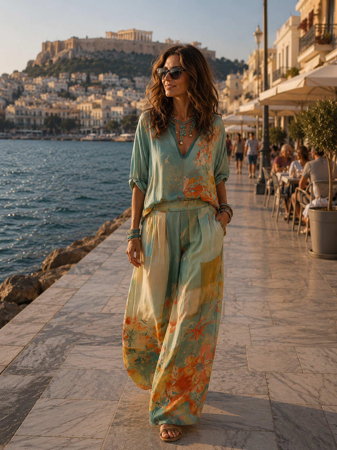 Chiara | Κομψό floral σετ με φαρδύ παντελόνι